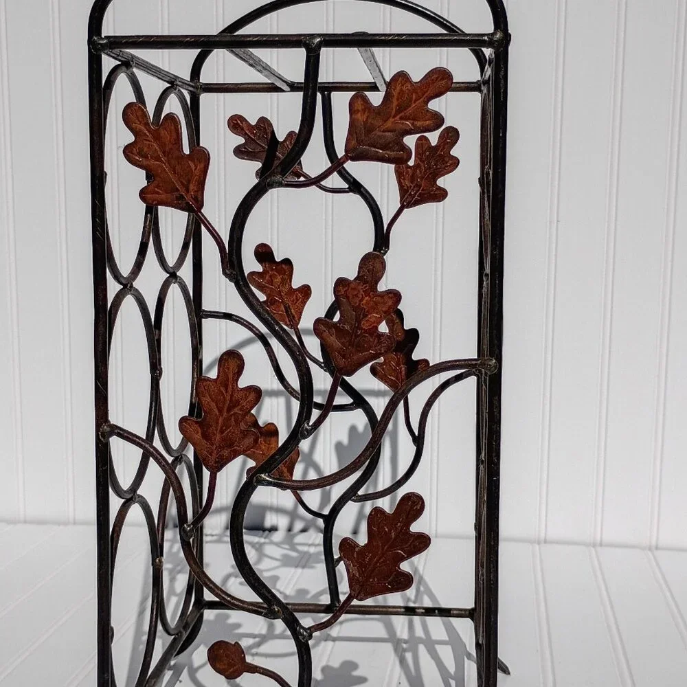 Wrought Iron Wine Rack 6 Bottle Holder Rust Leaf Accents Vintage Shelf Bronze